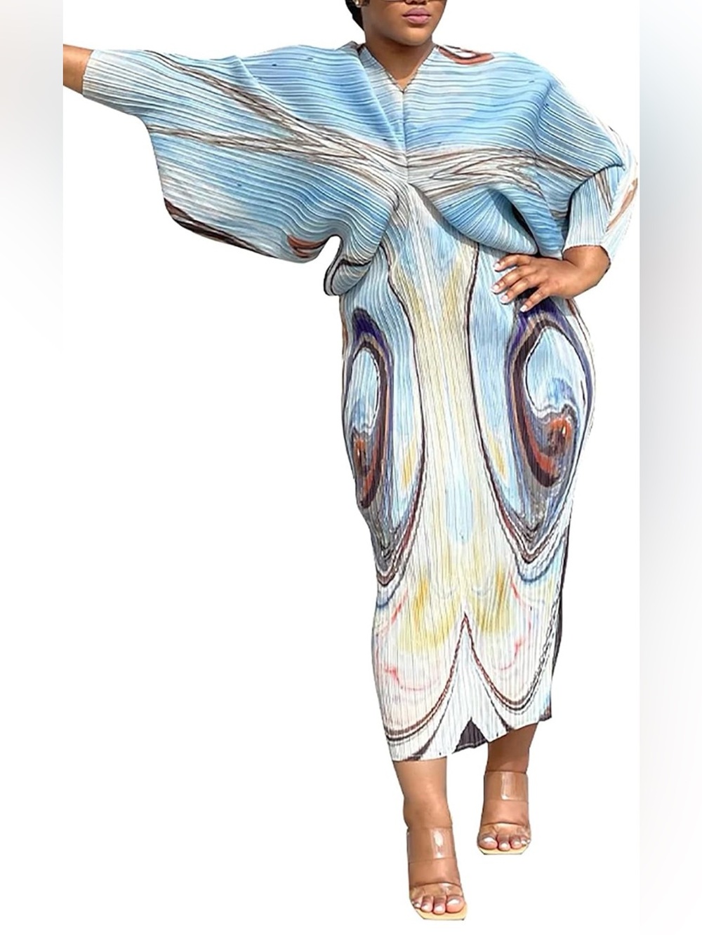 Blue Abstract Midi Dress - Elegant Pleated Design